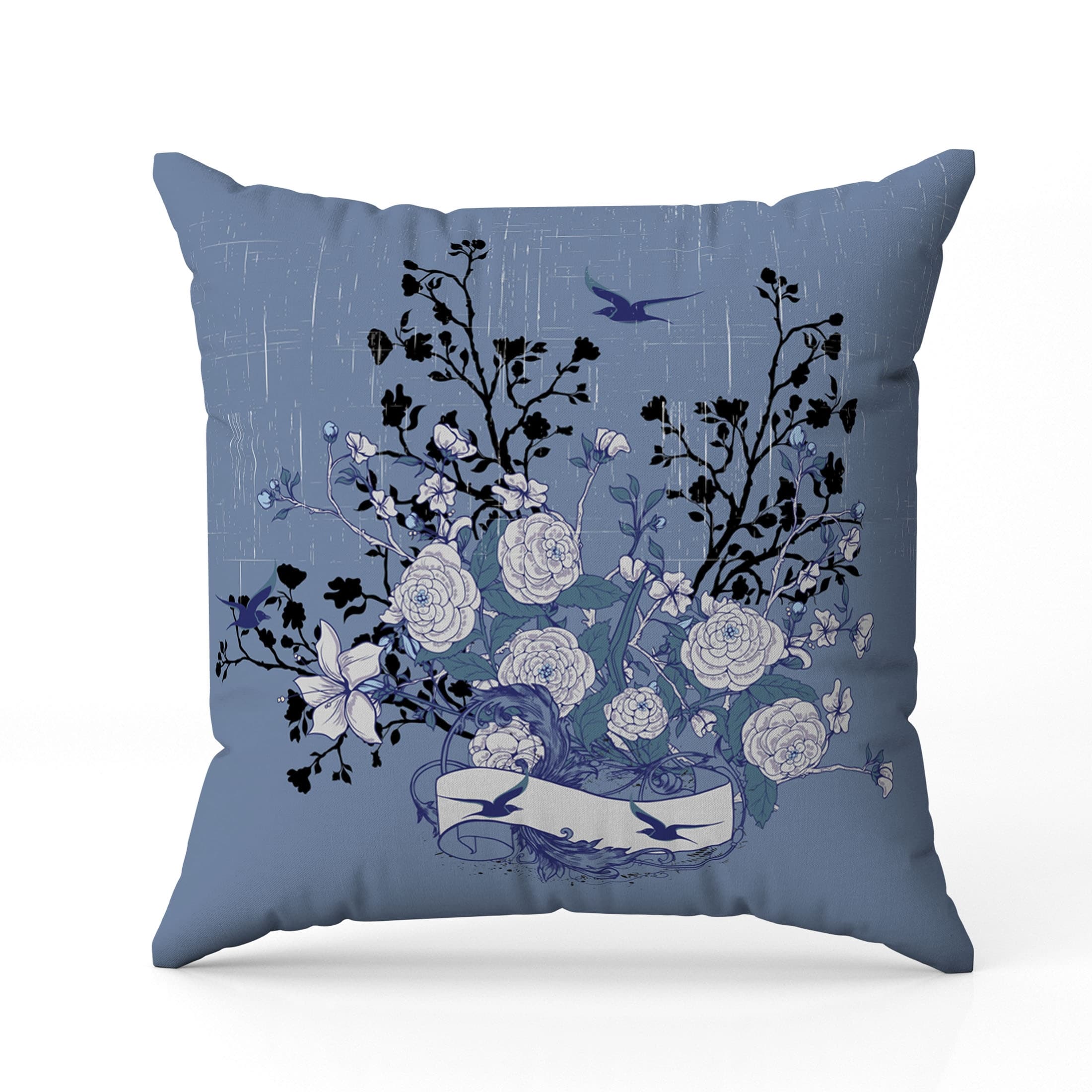 Elegant Floral Bouquet Faux Suede Pillow in Blue White Black