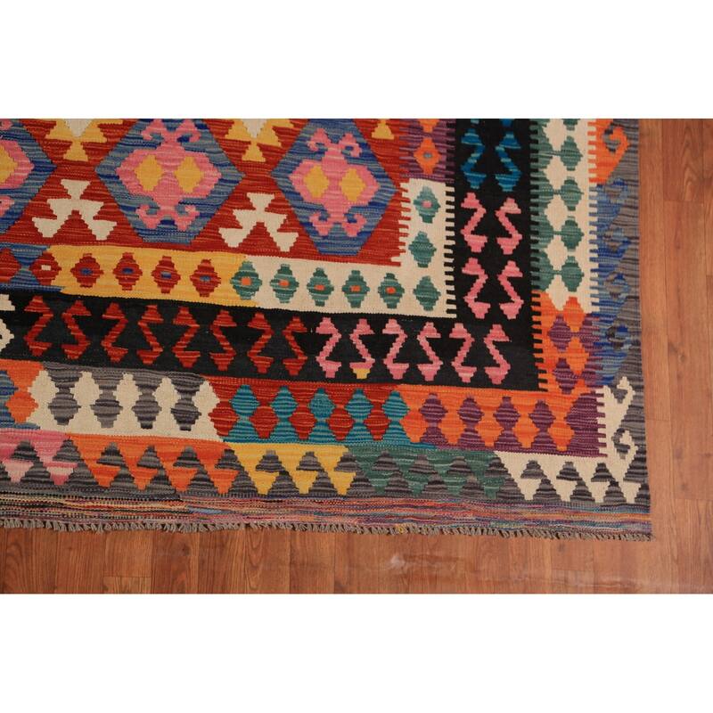 All-Over Geometric Kilim Oriental Area Rug Hand-Woven Wool Carpet - 9'10"x 12'8"