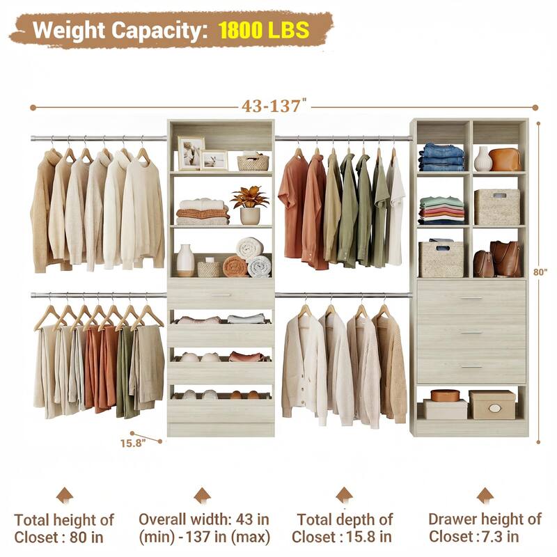 Set of 2 Closet System with 7 Wooden Drawers ＆ 4 Hanging Rods, Heavy Duty Walk-in Closet Organizer System with Shelves