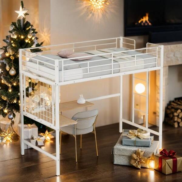 slide 2 of 28, Industrial Modern Twin Metal Loft Bed with Desk and Metal Grid, Space-saving, Sturdy Construction & Safety Guaranteed, White White