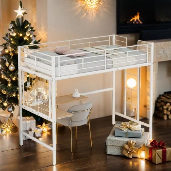 slide 2 of 28, Twin Metal Loft Bed with Desk and Metal Grid, Space-saving, White White