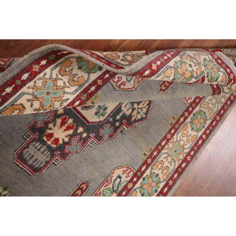 Gray Geometric Kazak Foyer Rug Handmade Wool Carpet - 3'4" x 4'10"