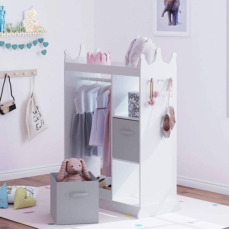 UTEX Kids Dress up Storage with Mirror and Storage Bin,Kids Armoire Dresser,Costume Closet,Pretend Storage Closet for Kids - White/Grey