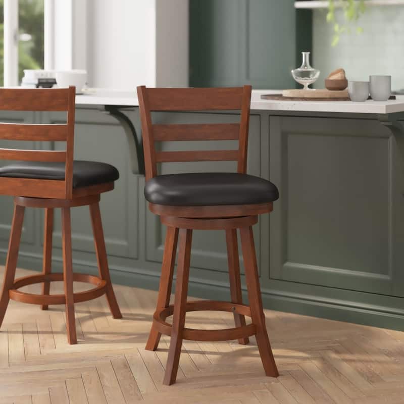 Upholstered Commercial Wooden Swivel Counter Stool - Antique Oak/Black