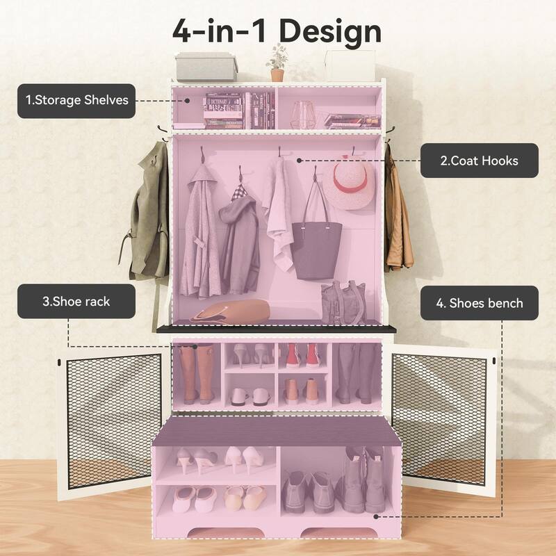 Gymojoy 77" Hall Tree with Bench & Shoe Storage, 4-in-1 Farmhouse Entryway Organizer for Mudroom, Hallway