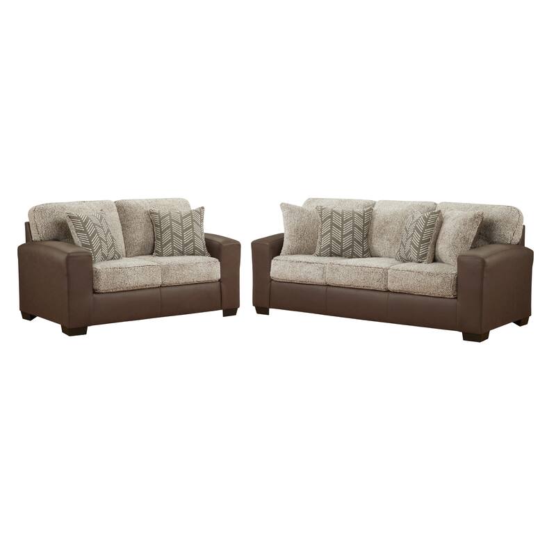 Roundhill Furniture Marvella 2-Piece Living Room Sofa and Loveseat Set, Chocolate Faux Leather and Curly Shearling Upholstery