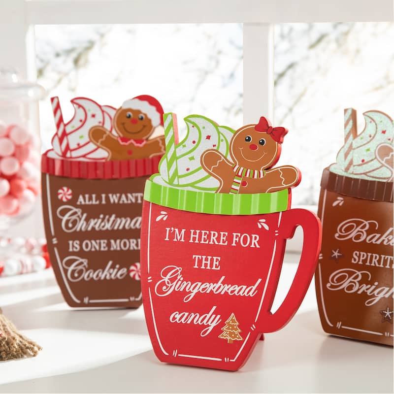 Glitzhome Set of 3 8"H Christmas Wooden Gingerbread Man Mug Table Decor