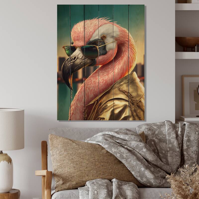 Designart 'Flamingo Gangster In NYC III' Animals Flamingo Wood Wall Art - Natural Pine Wood