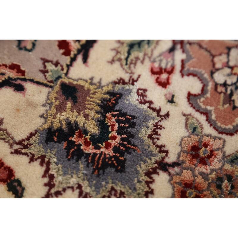 Hand Knotted Oriental Wool & Silk Carpet Traditional Floral Navy Blue & Blues Tabriz Area Rug - 9' 8'' X 7' 10''