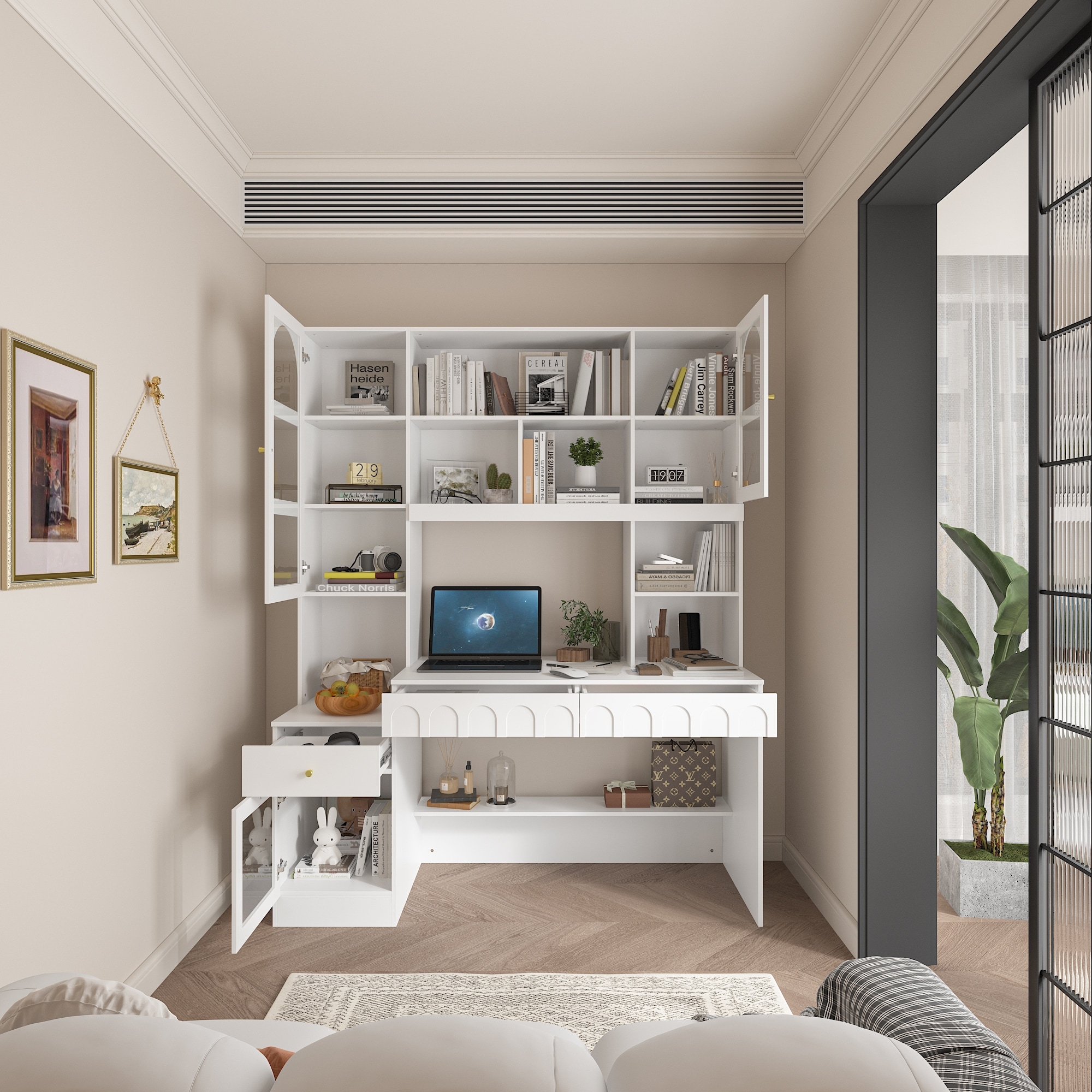 Home Office Bookshelf Spacious Multi-Section Workstation Desk
