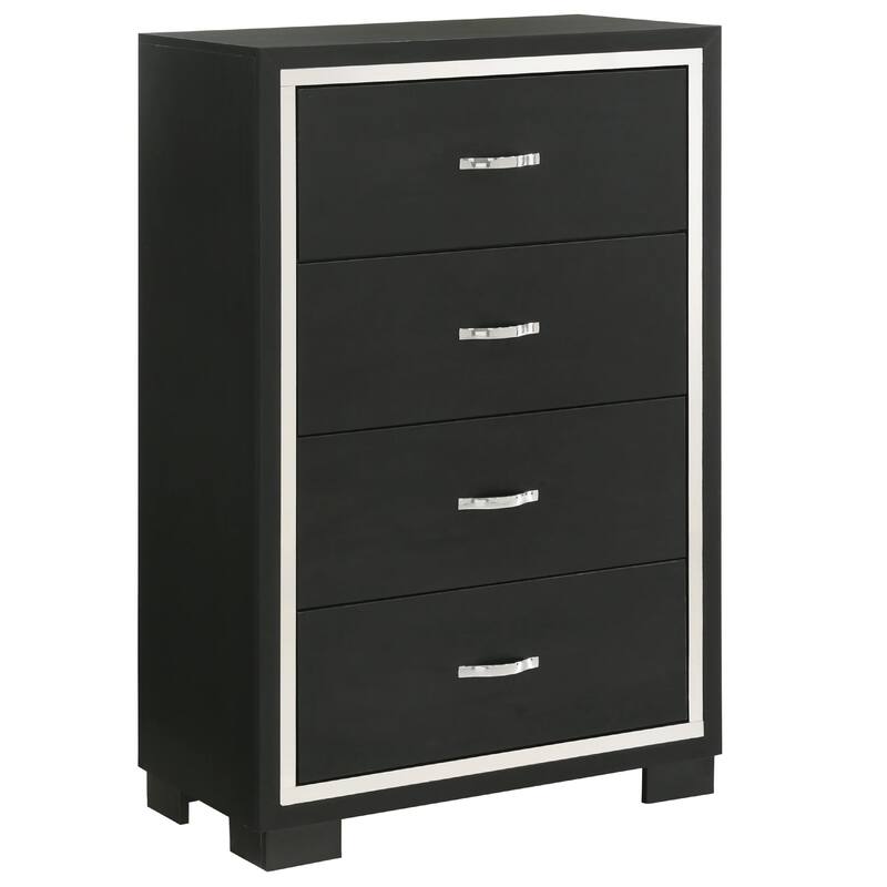 Geny Tall Dresser Chest, 4 Drawers, Silver Trim and Metal Handles, Black