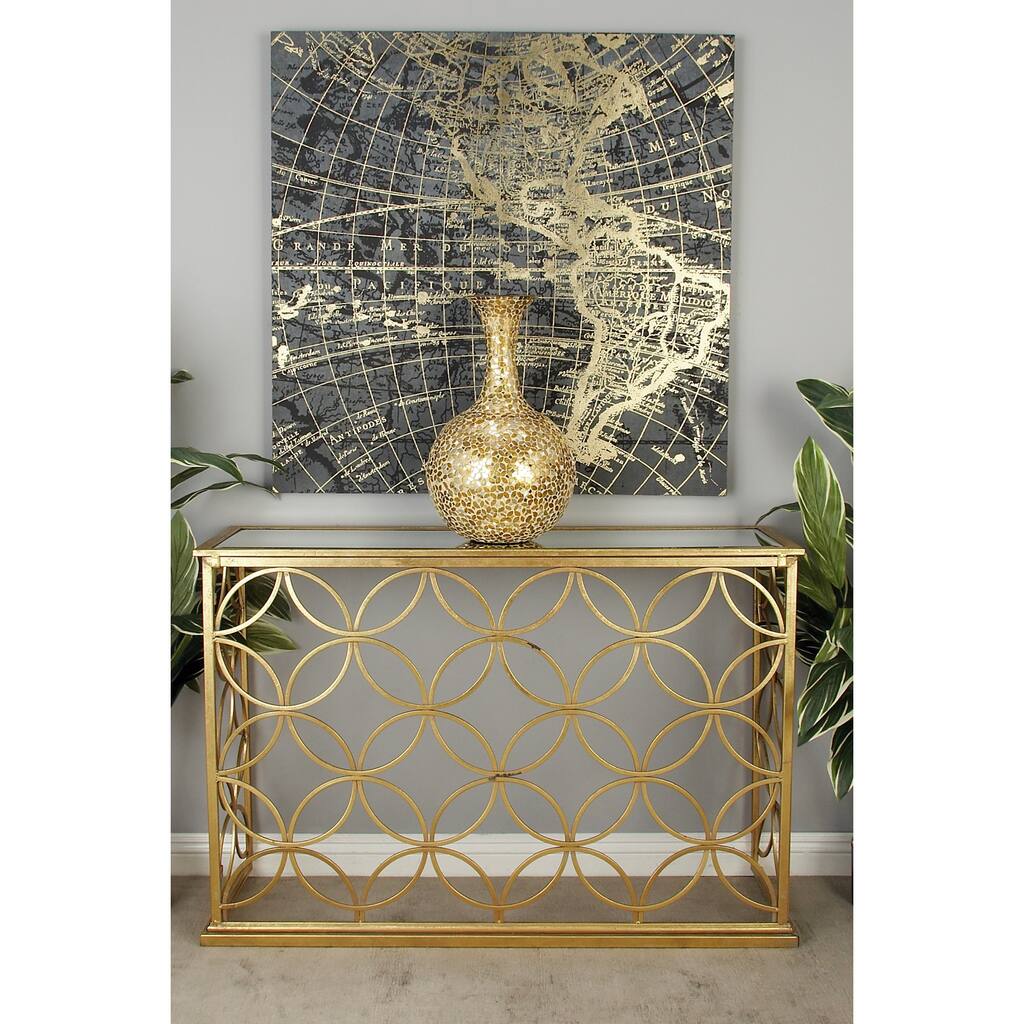 Gold Metal Weathered Geometric Console Table with Mirrored Glass Top