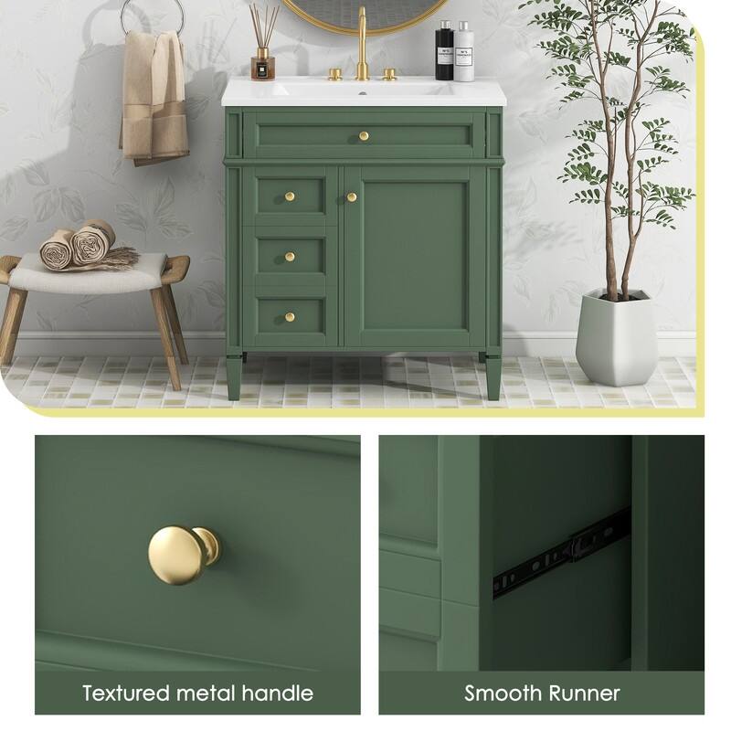 30''Bathroom Vanity with Top Sink, Modern Bathroom Storage Cabinet with 2 Drawers and a Tip-out Drawer, Green