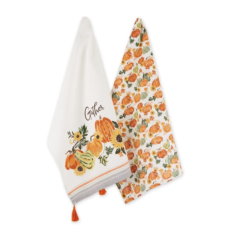 Autumn Pumpkins Printed Dishtowel (Set of 2) - 18x28 - Pumpkin Orange