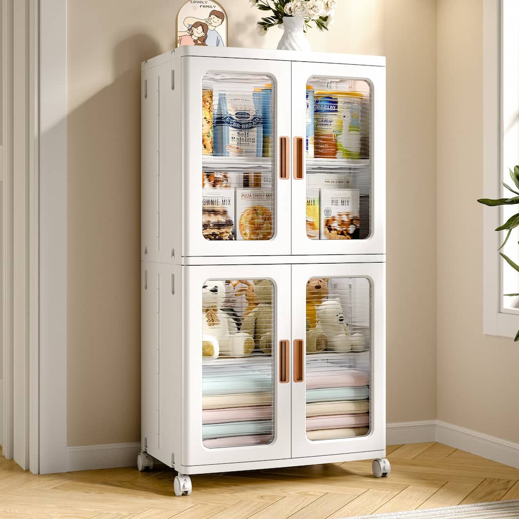 Javlergo 2-Tier White Rolling Storage Cabinet with Adjustable Shelves Locking Wheels & Transparent Doors Freestanding Organizer