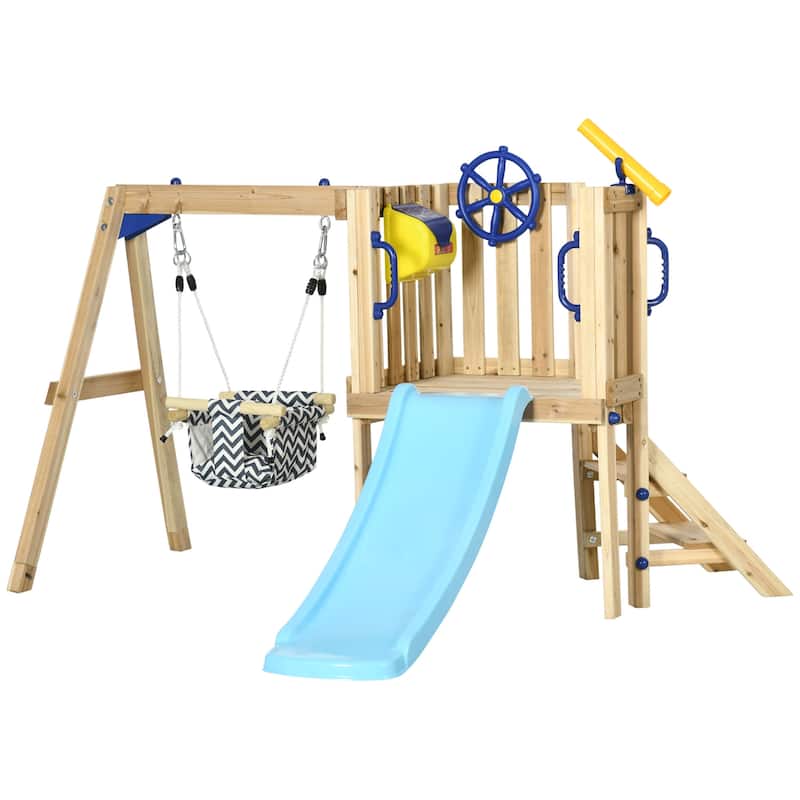 3 in 1 Wooden Swing Set Outdoor Playset with Baby Swing Seat,Toddler Slide,Captain's Wheel,Telescope - Natural Wood