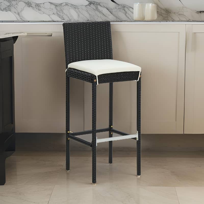 Nyra Outdoor Barstool Chair Set of 2, Cream Cushions Black Poly Rattan
