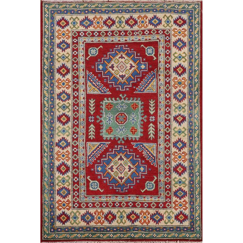 Red Geometric Kazak Oriental Foyer Rug Hand-Knotted Wool Carpet - 3'4" x 5'0"