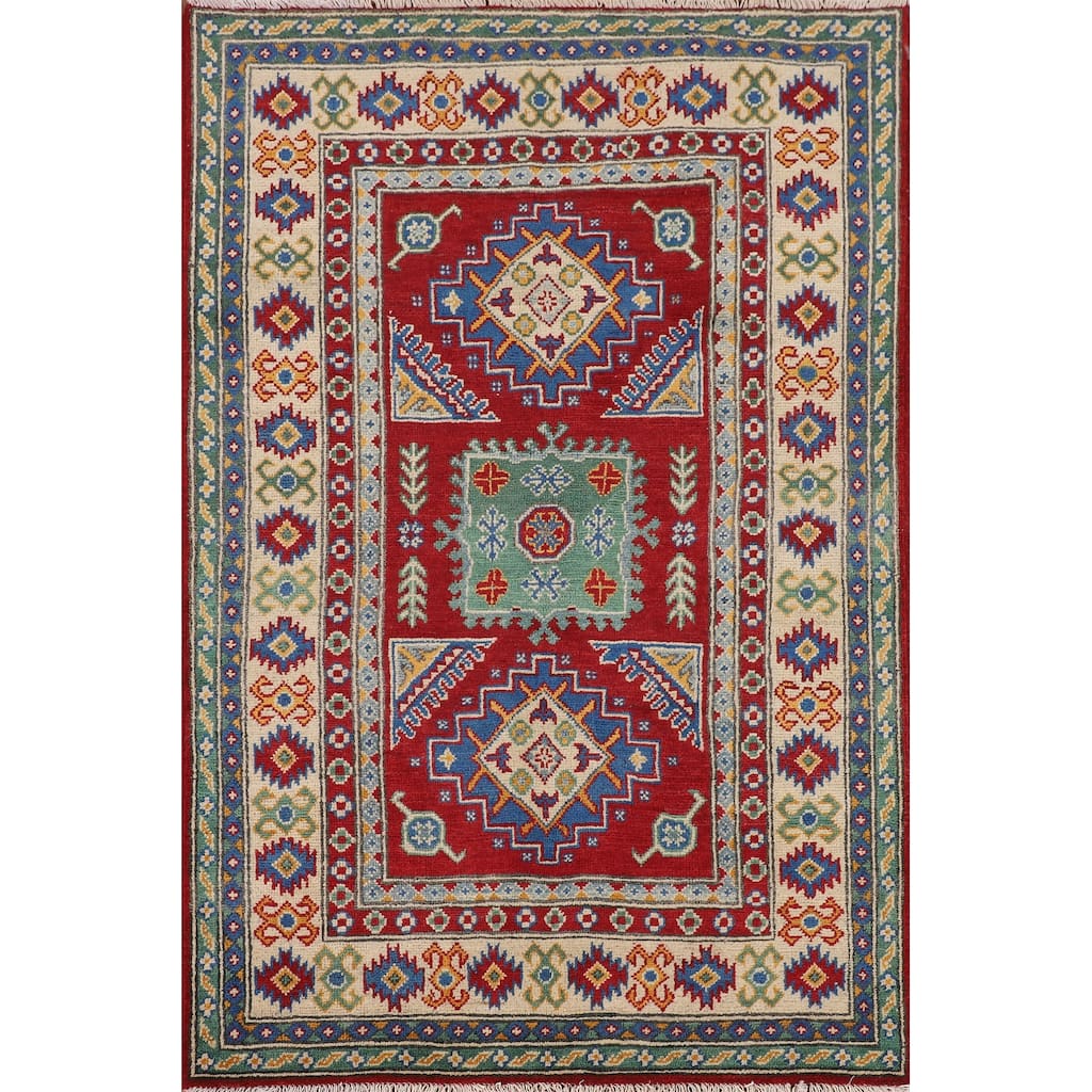 Red Geometric Kazak Oriental Foyer Rug Hand-Knotted Wool Carpet - 3'4" x 5'0"
