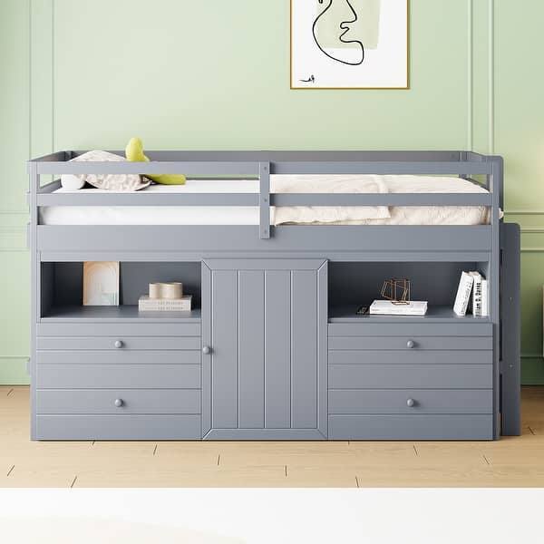 slide 2 of 14, Space-Saving Loft Bed Kids Storage Drawers Bed Twin Bed Frame Slat Support with Safety Guardrail, Drawers, Cabinet - Grey Grey - Twin