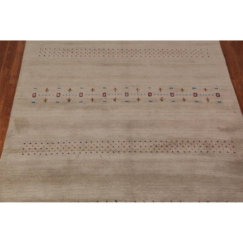 Tribal Gabbeh Oriental Rug Hand-Knotted Beige Modern Wool Carpet - 5'7" x 7'11"