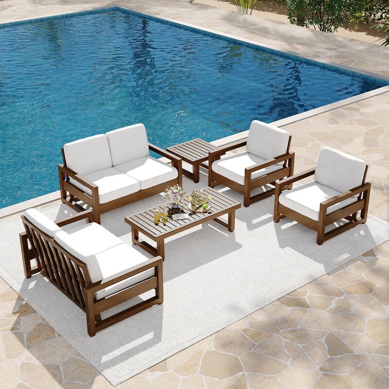 7-Piece Outdoor Teak Wood Conversation Set with Loveseat, Chairs and Tables - Beige/Brown wood
