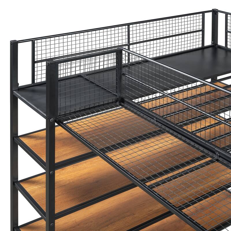 Twin Over Full Metal Bunk Bed with 5-Tier Shelves, Heavy Duty Bunk Bed Frame with Built-In Stairs & Mesh Guardrails