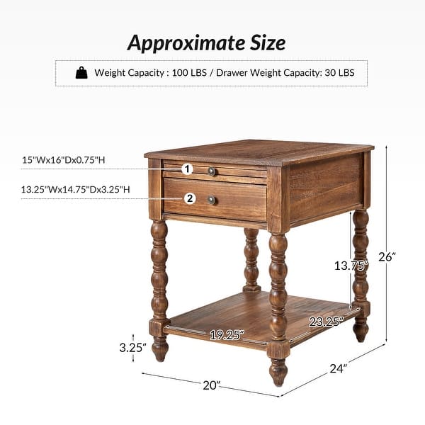 dimension image slide 4 of 5, HULALA HOME Eric Traditional 26" Tall Solid Wood End Table with Built-in Charging Station and Extendable Tray