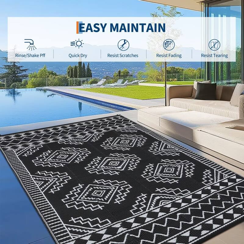 Outdoor Rug Waterproof Boho Geometric Patio Rug Mat Reversible Plastic Straw Rug Outside Outdoor Area Rug