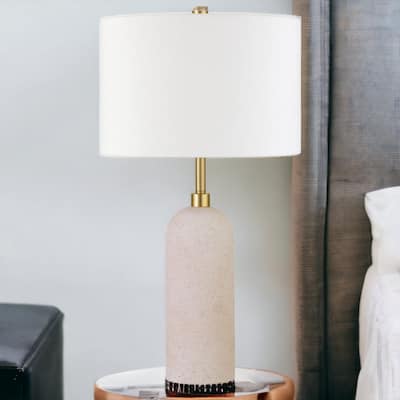 HomeRoots 22" Sand Ceramic Table Lamp With White Drum Shade - 12