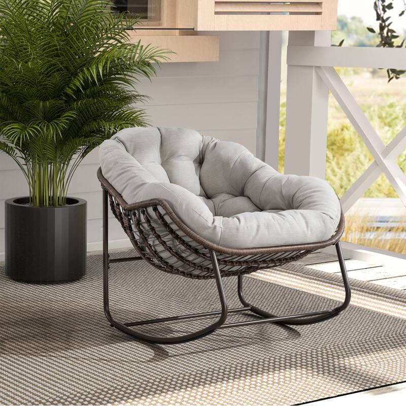 Outdoor rattan rocking chair, padded penguin rocking chair,lounge chair Outdoor for Front Porch,Living Room,Patio,Garden - Beige