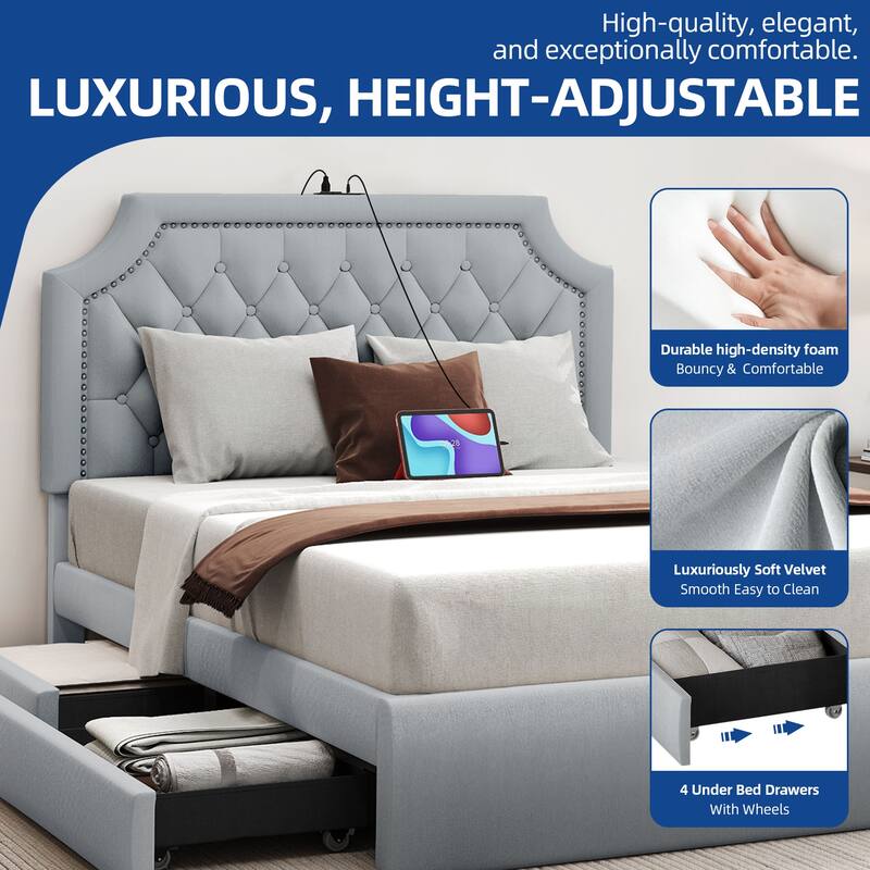 Moasis Velvet/Linen Upholstered Bedframe with Adjustable Headboard and 4 Storage Drawers