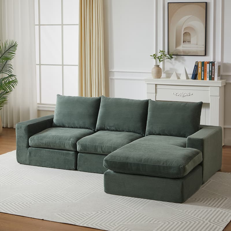 Roomfitters 99" L-Shaped Corduroy Upholstered Sectional Sofa, Modern 3-Seater Sectional Couch with Pillows, Living Room, Green