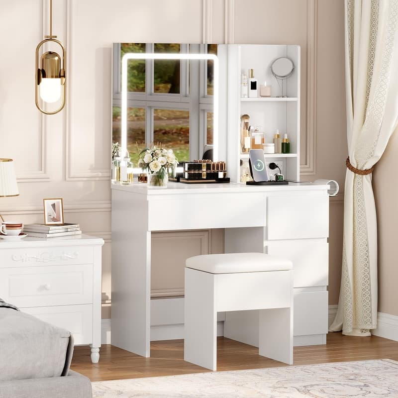 Vanity Desk with LED Mirror, Charging Ports, Storage Stool, Drawers, Hair Dryer Holder