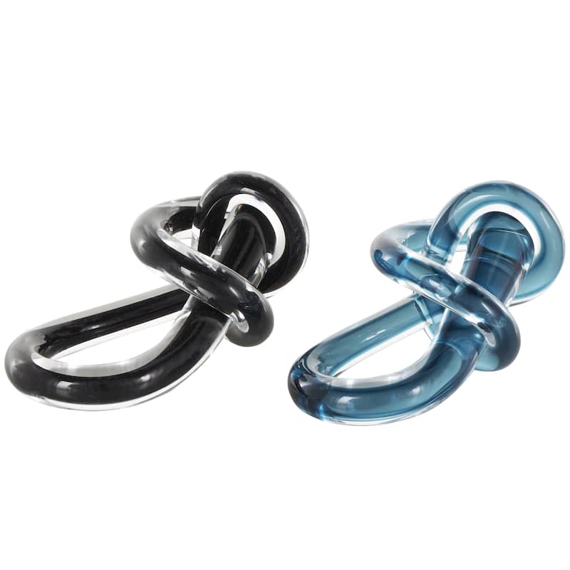 Glass Knot Abstract Twisted Loop Decorative Sculpture - Set of 2 Blue or Black - Roche River Decor - Blue - 7"W, 4"H