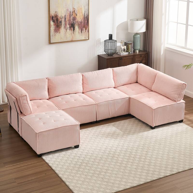 Ergonomic Lounge Modular Couch Corduroy Sectional Sofa with Deep Seat Ottoman Chaise and High-Rebound Thick Cushions