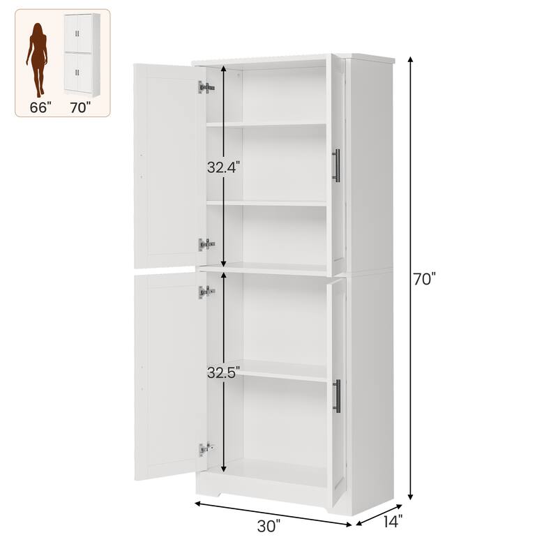 70'' Tall Kitchen Pantry Cabinet, Freestanding Storage Cabinet with 4 Doors and Adjustable Shelves