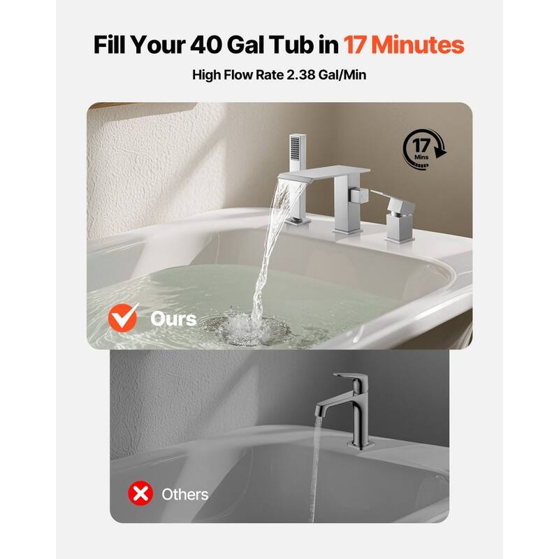 Roman Tub Faucet 3 Hole Waterfall Bathtub Faucet with Shower Head 1 Handle - 8.66” x 7.48” x 3.86”