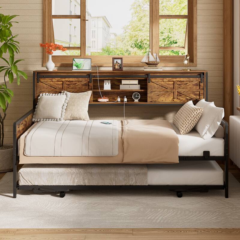 Farmhouse Twin Daybed with Pop-up Trundle Bed and Charging Station，Sofa Bed Frame with Bookcase Headboard with 2 Sliding Doors