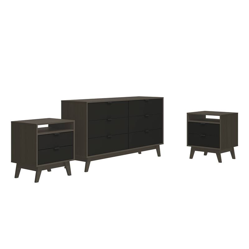 Kappesberg New Hanford 3-Piece Bedroom Set, six (6)-Drawer Dresser & Two (2) 2-Drawer Nightstand - Brown