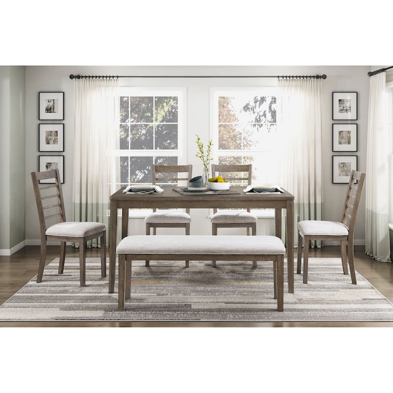 6pcs Dining Furniture Set Table Chairs Bench Upholstered Seat Cushion Light Brown Finish