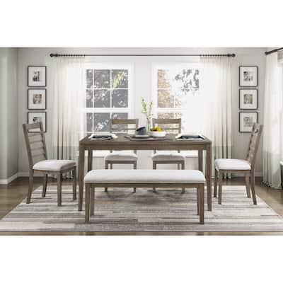 6pcs Dining Furniture Set Table Chairs Bench Upholstered Seat Cushion Light Brown Finish
