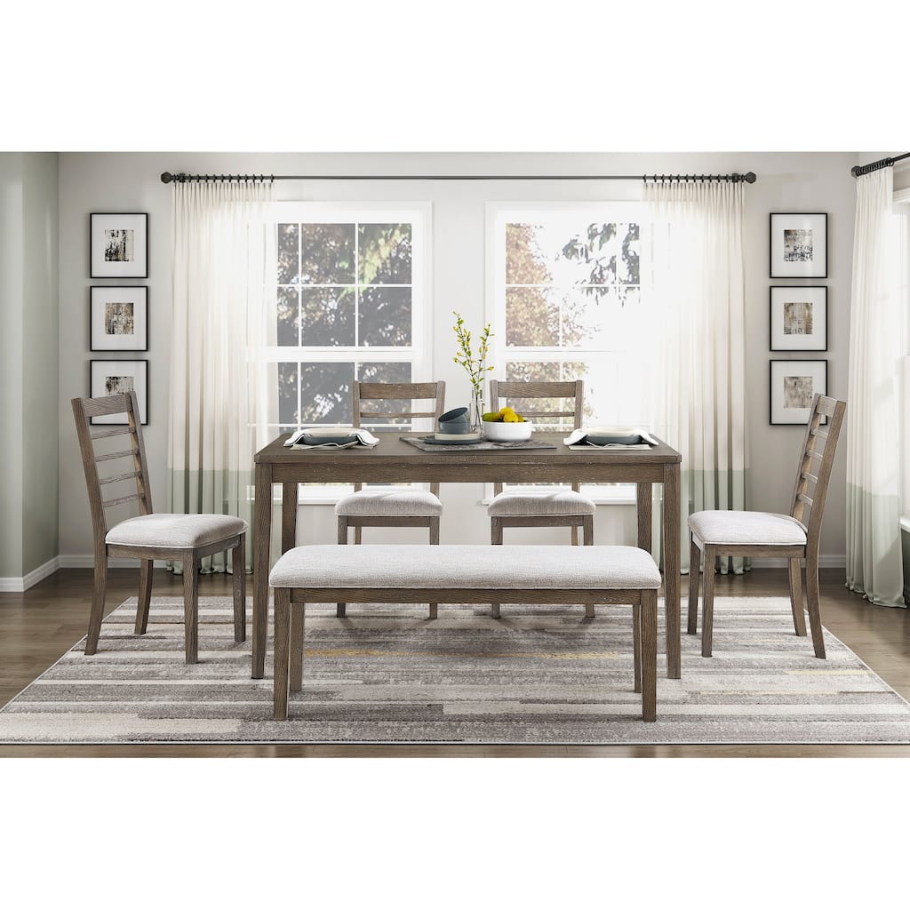 6pcs Dining Furniture Set Table Chairs Bench Upholstered Seat Cushion Light Brown Finish