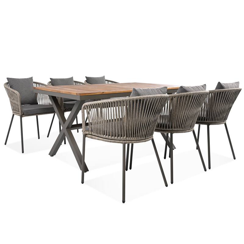 7 Pieces Patio Dining Set All-Weather Outdoor Furniture Set with Wood Tabletop and Adjustable Feet