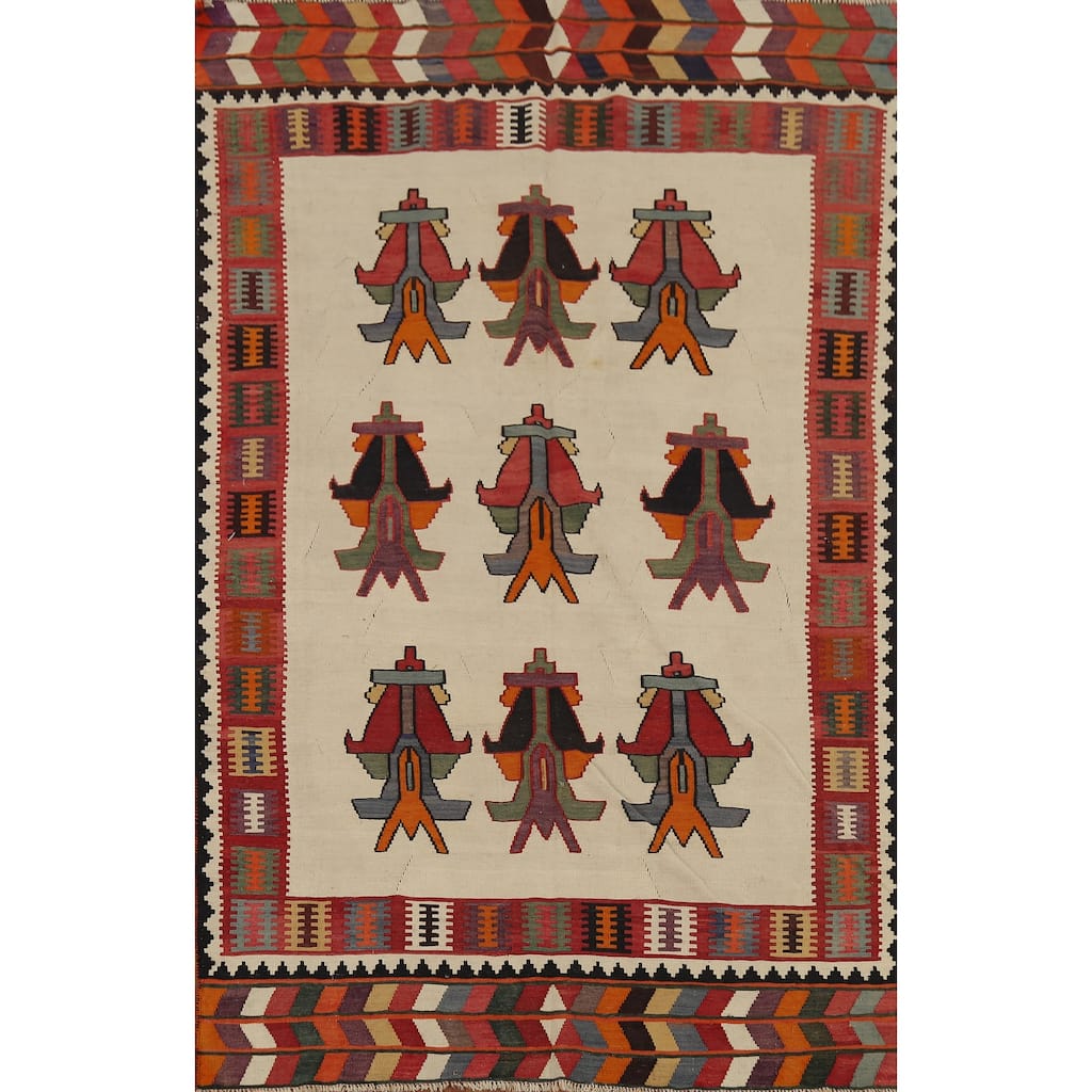 Vegetable Dye Kilim Qashqai Persian Antique Rug Flatweave Wool Carpet - 5'0"x 7'9"