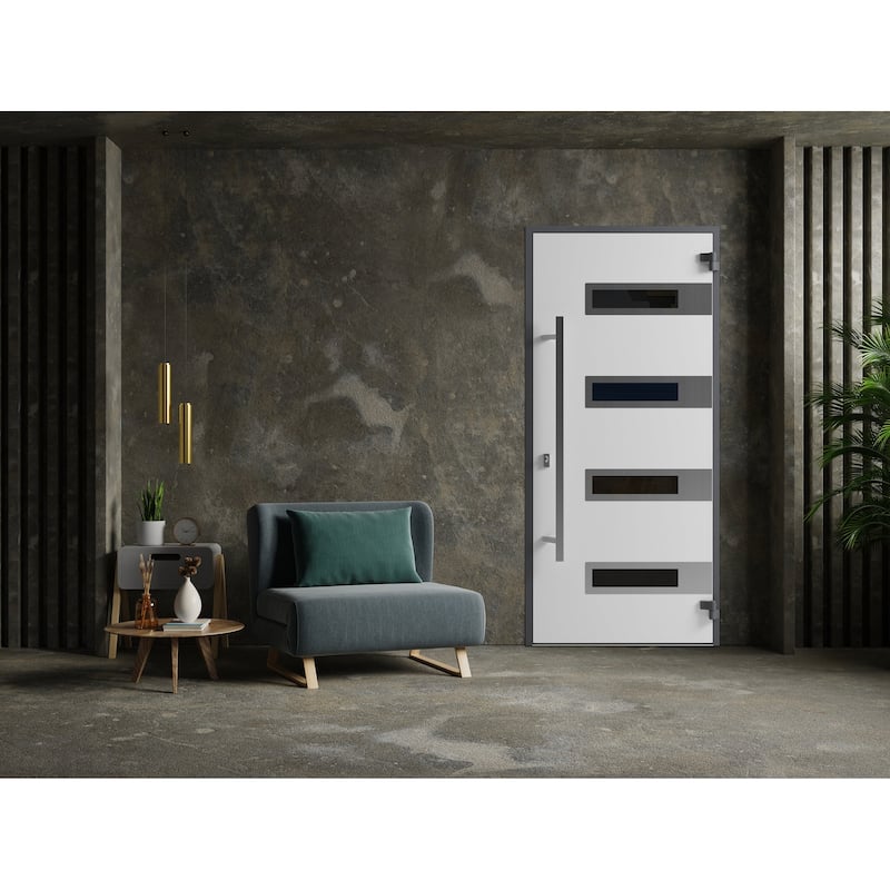 Front Exterior Prehung Steel Door Ronex 0131 Black Enamel Stainless Inserts Entry Metal Painted W36xH80 Left hand Inswing