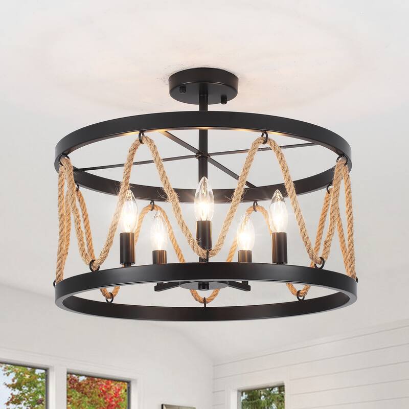 19.68" Wide Rural Drum Chandelier, 5-Light Semi-Flush Mount Lighting with Cage Lamp-Shade, Pendant Light for Dining Room