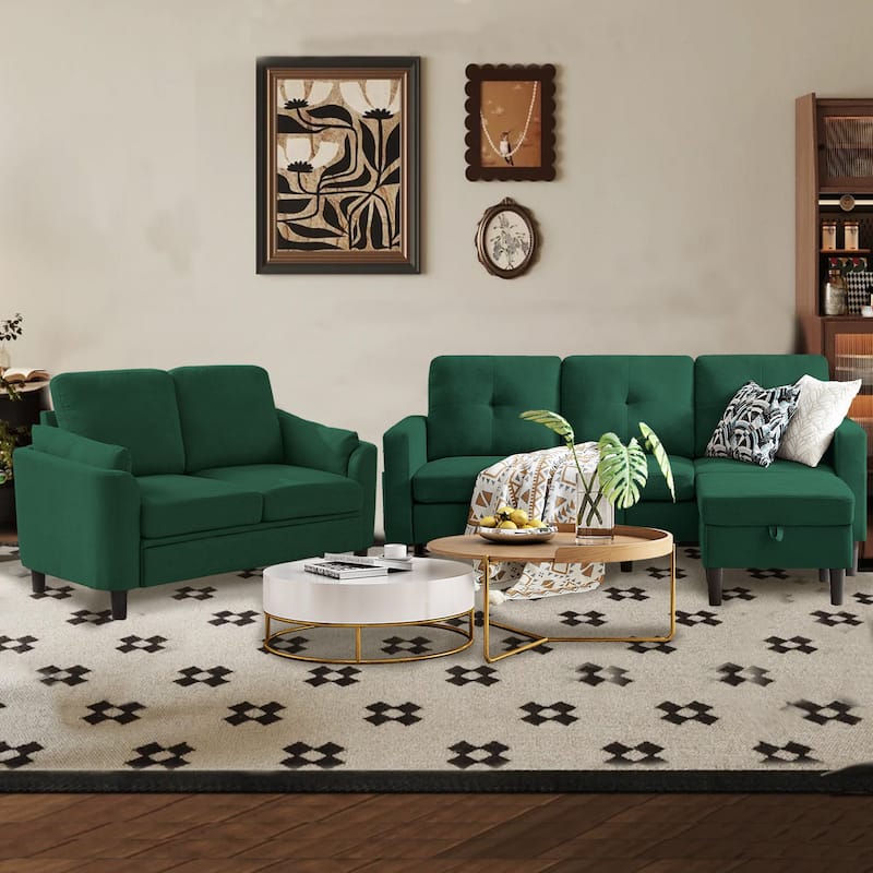 3 Pieces Living Room Set with Storage Ottoman - Green
