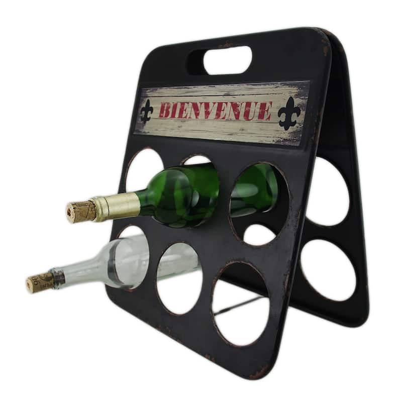 Fleur De Lis Bienvenue Distressed Metal 6 Bottle Wine Holder - 14.5 X 13.5 X 7.5 inches