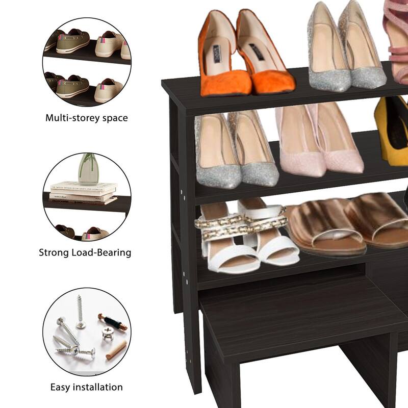 HELLO LAURA Farmhouse 4 Tier Wood Shoe Rack for Entryway Black